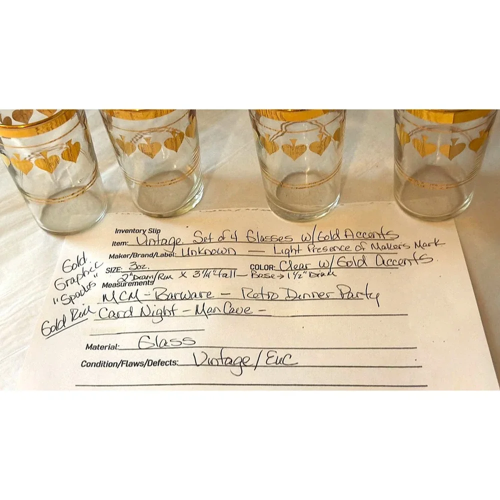 Vintage Barware Glasses Set of 4 3oz Clear Gold Spades MCM Retro EUC